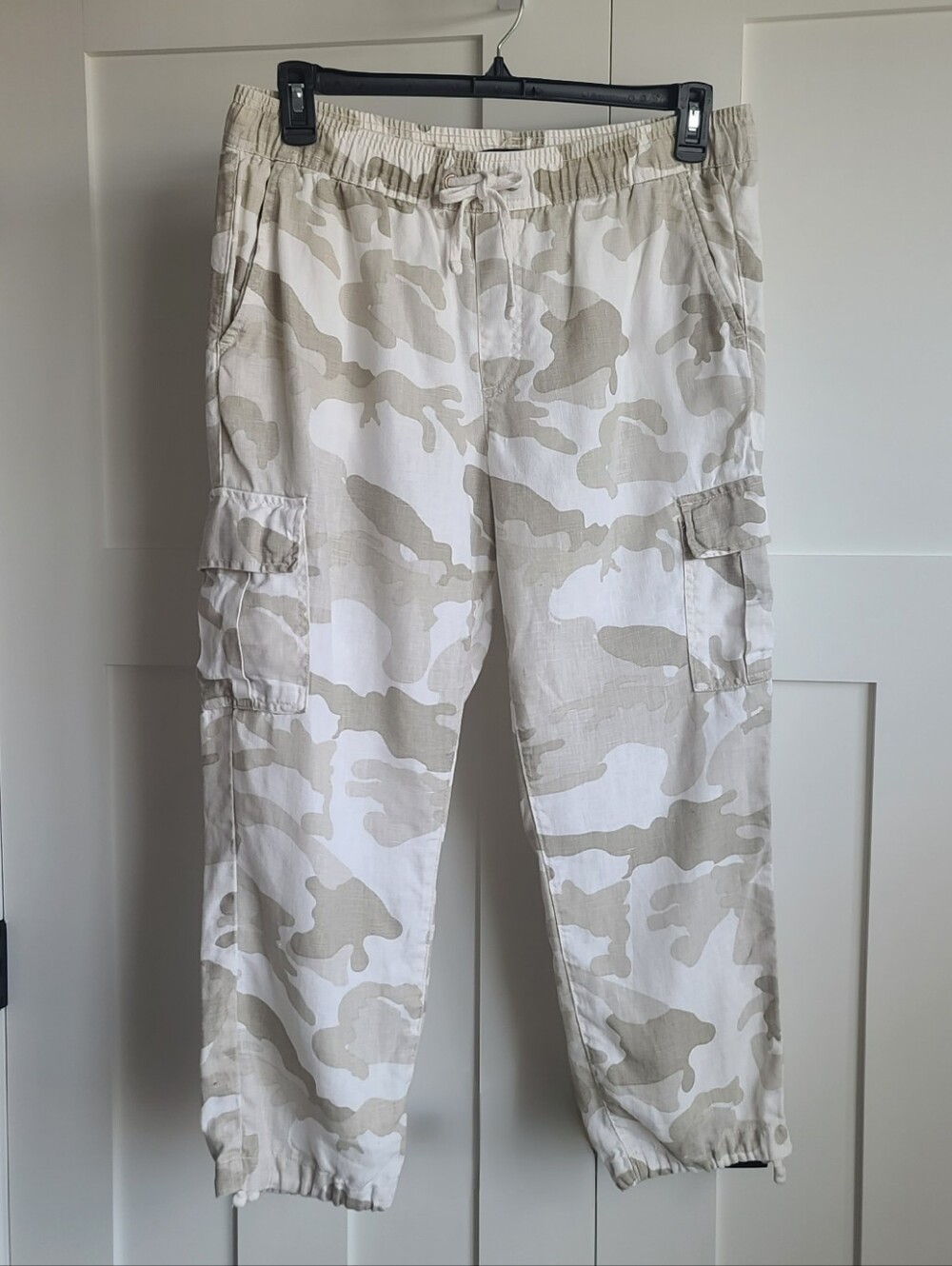 Sanctuary x Anthropologie Carefree Linen Cargo Jogger Pants Neutral Camo Sz L